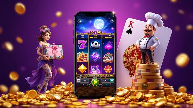Permainan slot pada tampilan layar lebar dengan reel dan fitur bonus