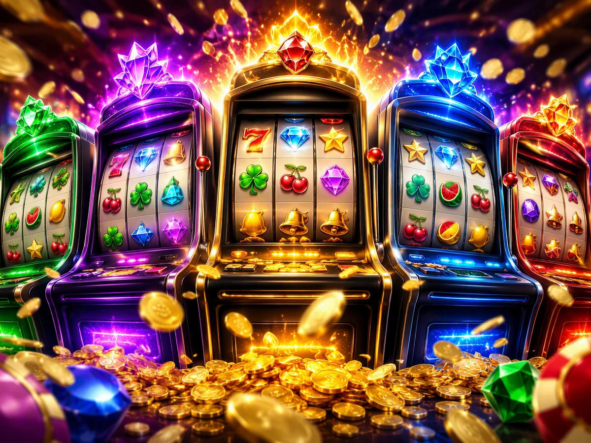 Tampilan permainan slot dengan gulungan reel dan simbol berwarna